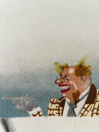 A close-up of a printed illustration showing part of a person's face, hair, and patterned clothing on the right side, with a large blank off-white area on the left.
