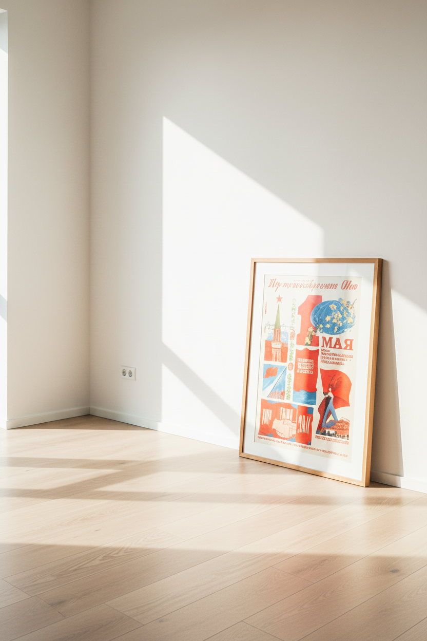 A framed abstract art print with red, blue, and orange geometric shapes leans against a white wall on a light wood floor in a bright, modern room with natural sunlight streaming in.