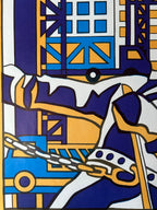 A stylized abstract artwork depicting a figure in a helmet and cape holding a chain, rendered in bold blocks of navy blue, white, yellow, and blue against a white border.