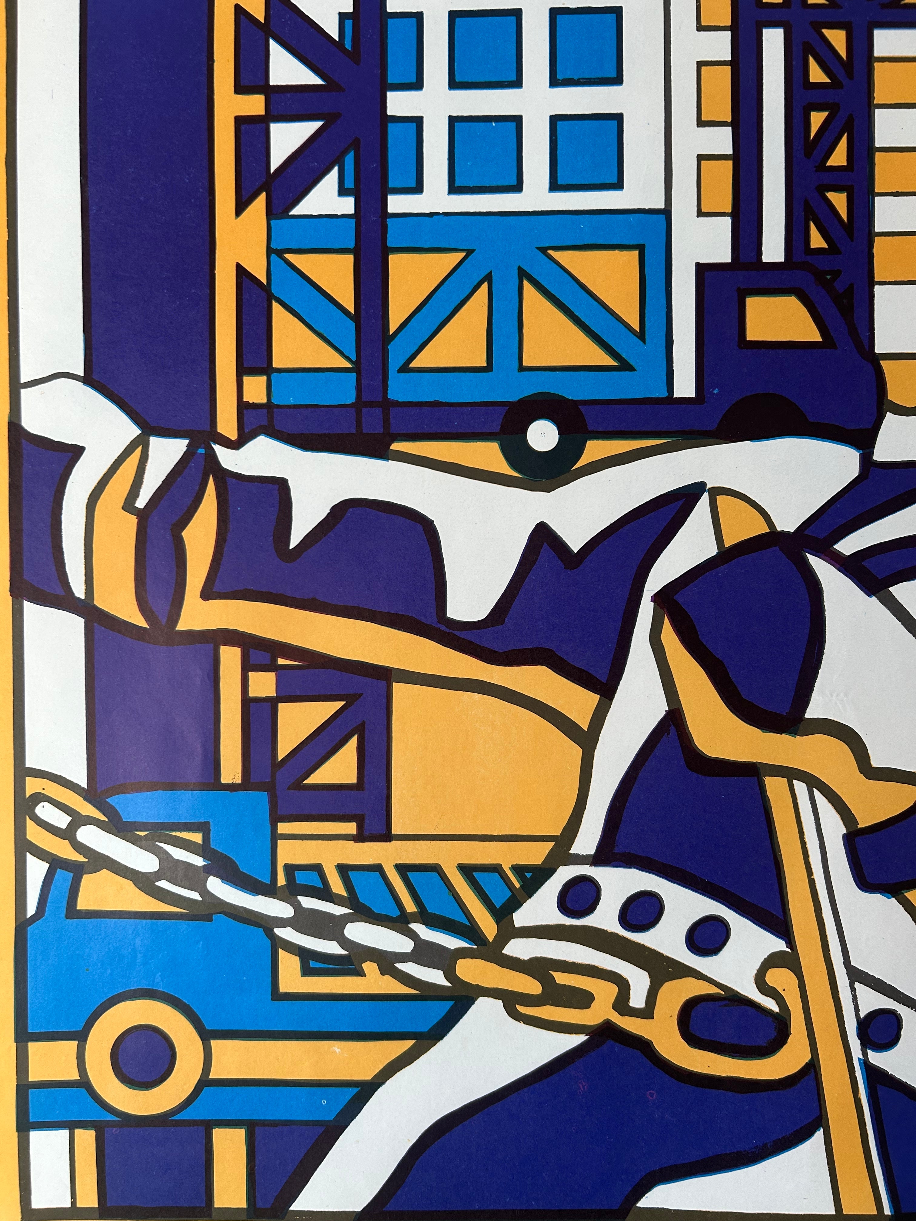 A stylized abstract artwork depicting a figure in a helmet and cape holding a chain, rendered in bold blocks of navy blue, white, yellow, and blue against a white border.