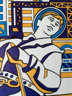A stylized pop-art illustration of a person in a white, blue, and yellow outfit against an industrial background with blue, yellow, and white geometric elements.