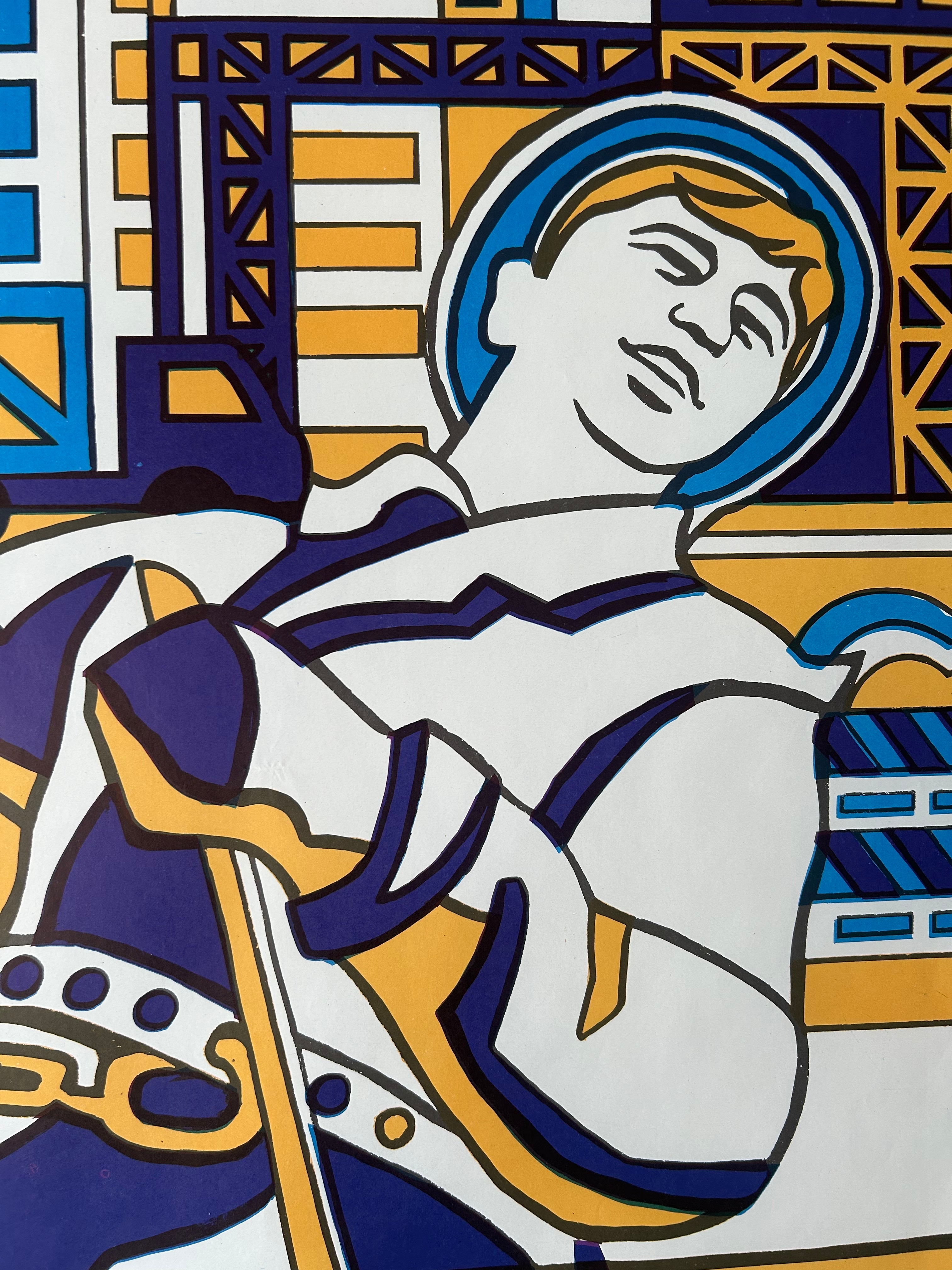 A stylized pop-art illustration of a person in a white, blue, and yellow outfit against an industrial background with blue, yellow, and white geometric elements.