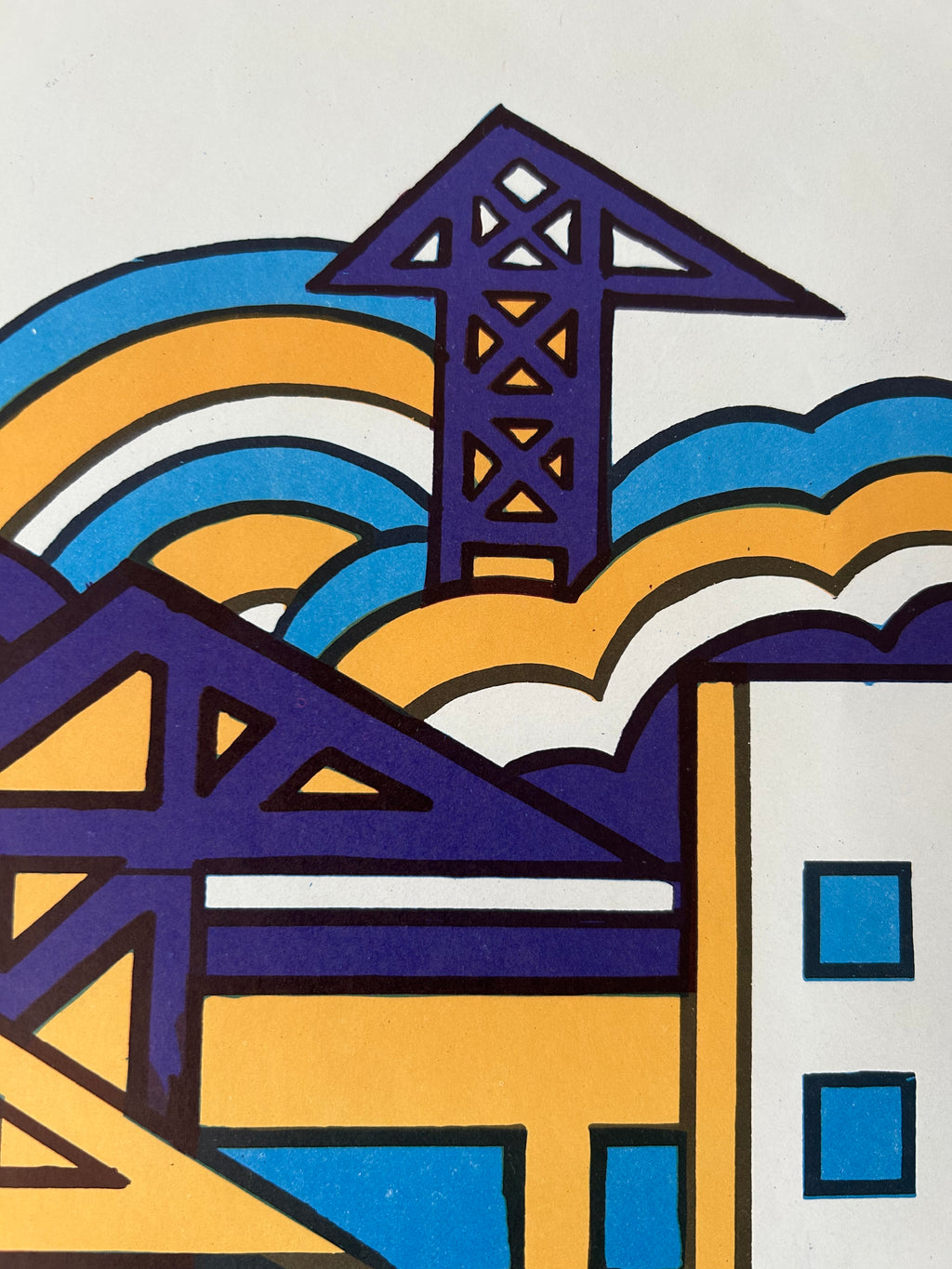 A stylized geometric illustration with abstract shapes in purple, yellow, blue, white, and black, resembling a cityscape or architectural scene.