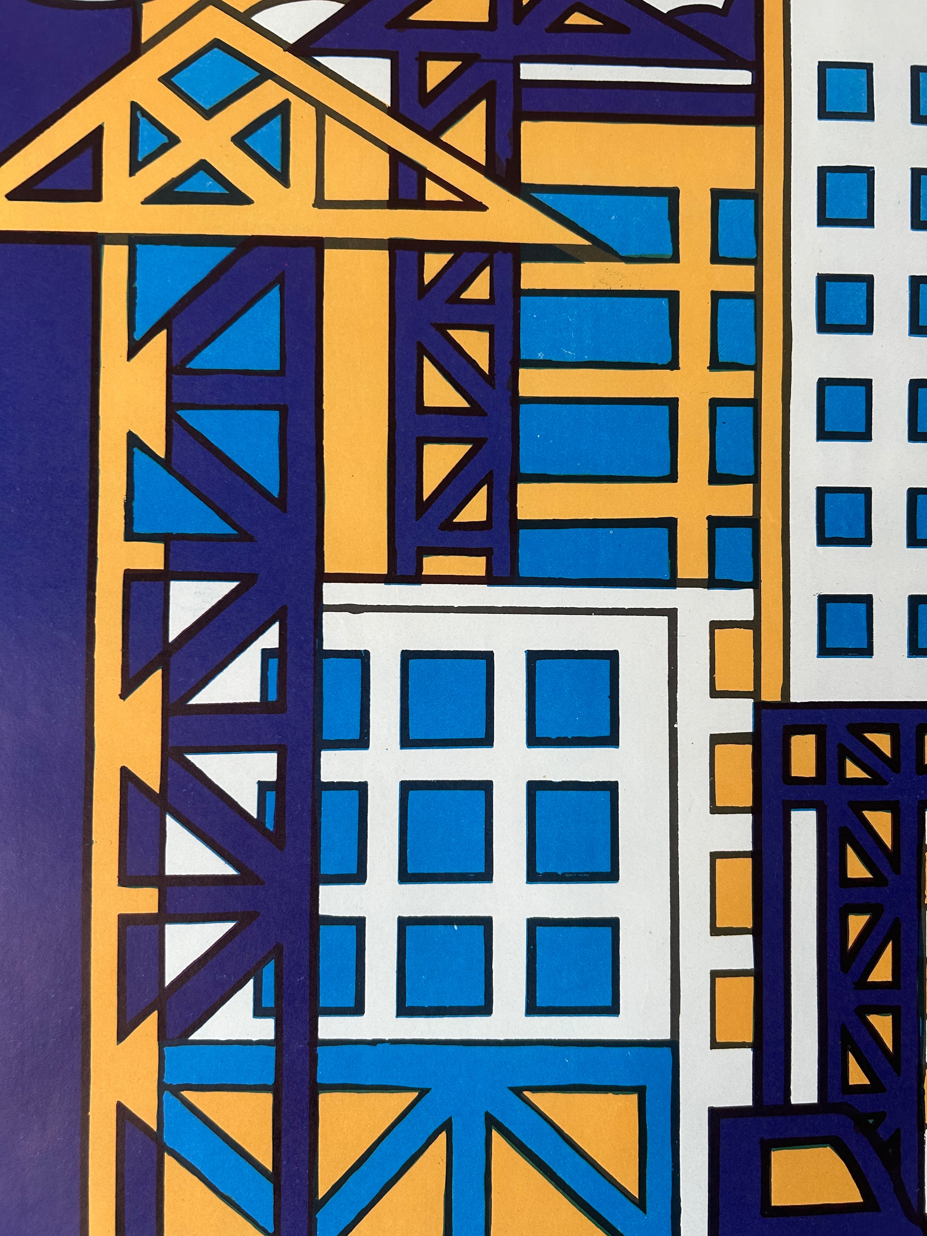 A close-up of a colorful geometric artwork depicting stylized buildings and a crane in bold blocks of yellow, blue, purple, white, and black.