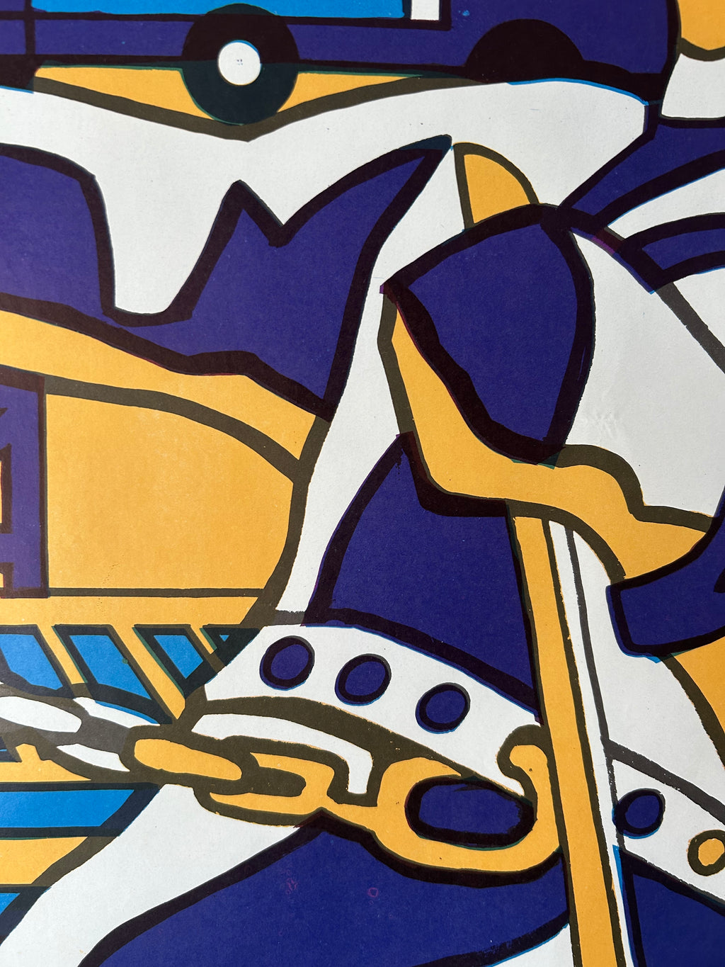 Abstract graphic artwork featuring bold geometric shapes in deep blue, mustard yellow, white, and black outlines.