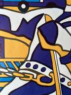 Abstract graphic artwork featuring bold geometric shapes in deep blue, mustard yellow, white, and black outlines.