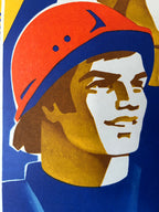 A stylized graphic portrait print of a person in profile wearing a red-orange helmet and blue clothing, rendered in bold blocks of color with gold, white, blue, brown, and yellow tones.