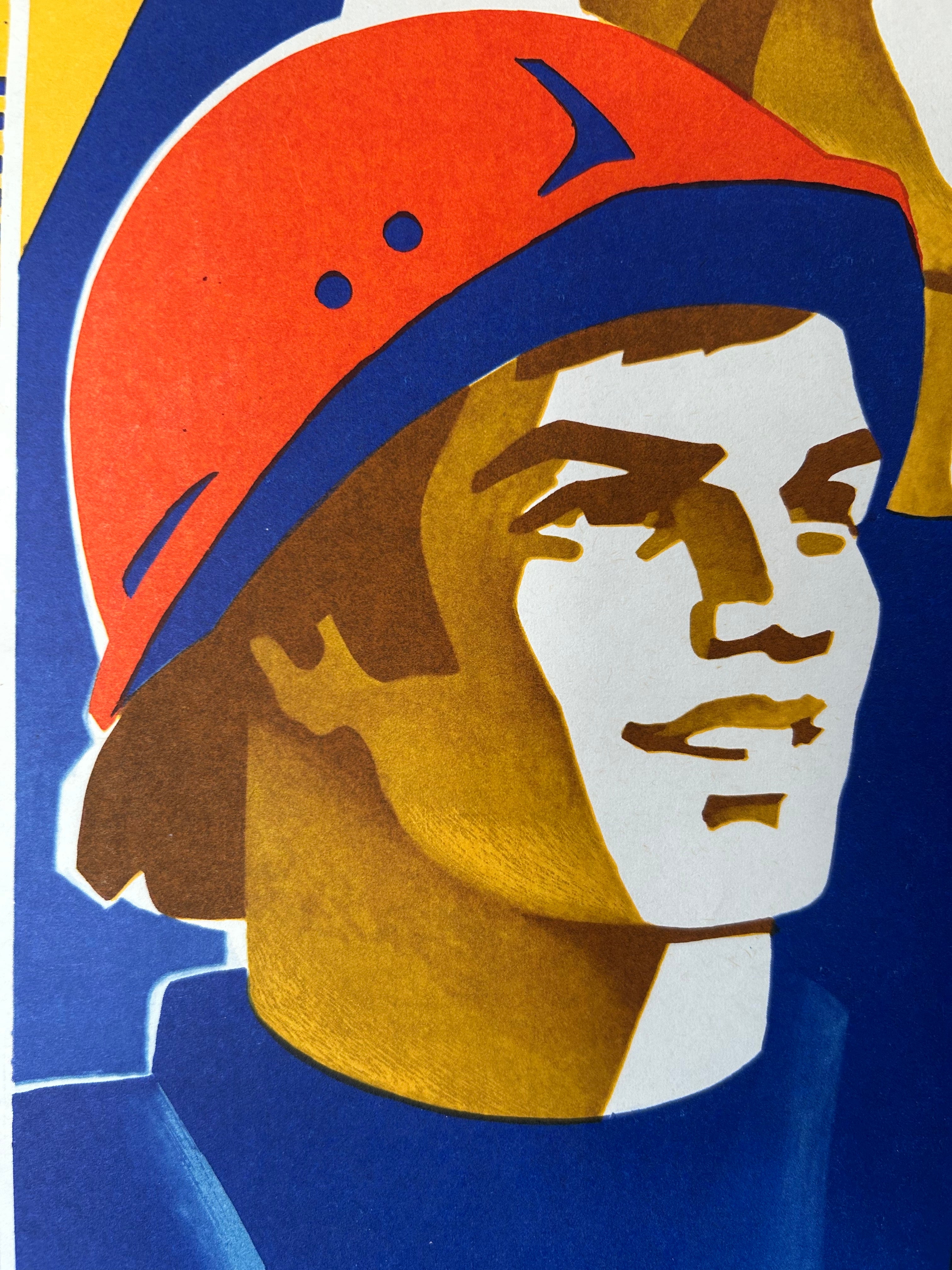 A stylized graphic portrait print of a person in profile wearing a red-orange helmet and blue clothing, rendered in bold blocks of color with gold, white, blue, brown, and yellow tones.
