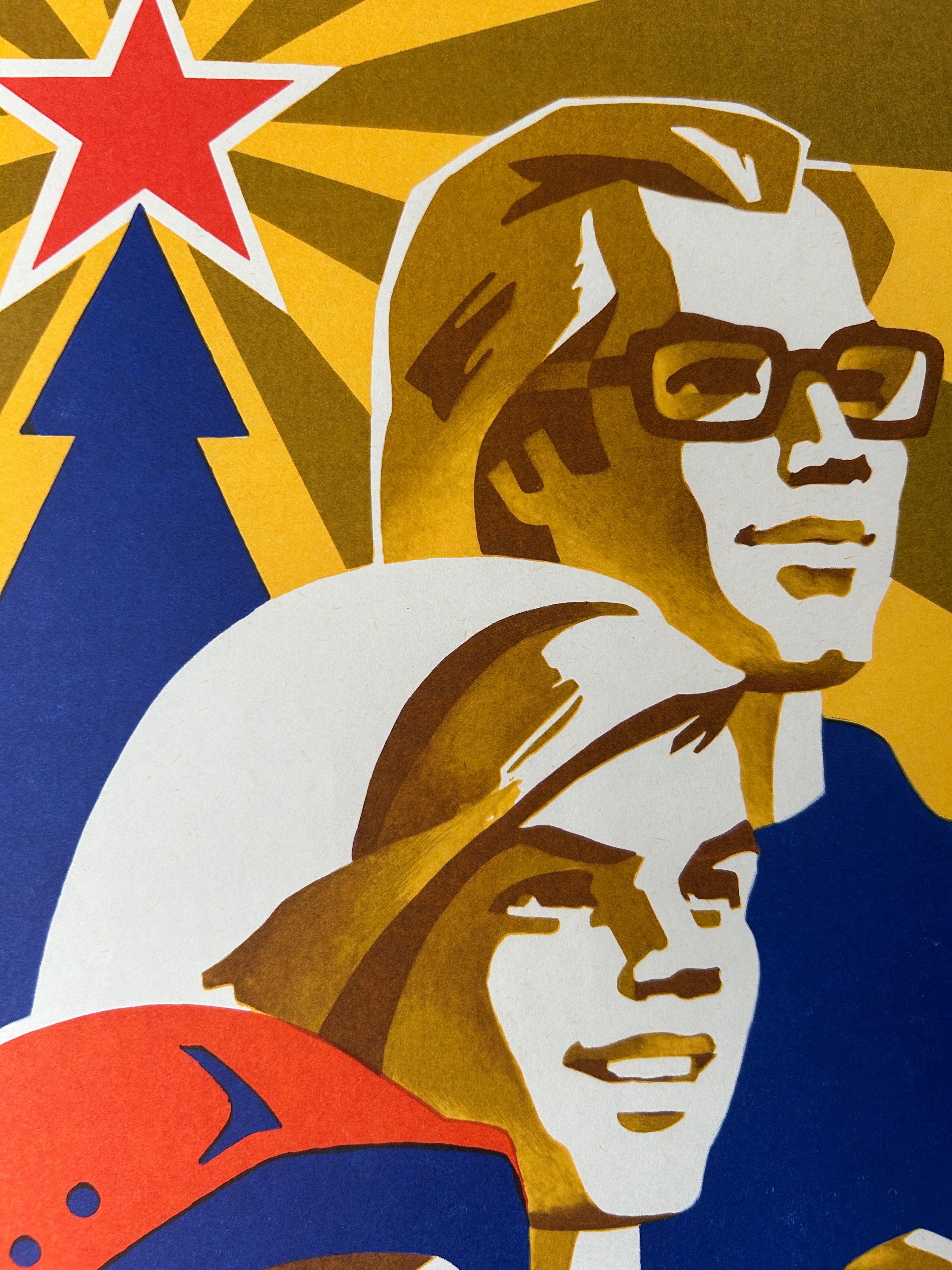 A stylized graphic print featuring two illustrated faces in a retro poster style, with bold geometric shapes and a red star on a yellow background.