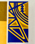 A close-up of an abstract geometric print featuring bold blue and mustard yellow shapes with a stylized tree motif, bordered by off-white margins.