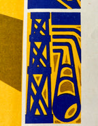 A close-up of a graphic art print featuring a stylized blue and yellow illustration of an oil derrick and a wellhead, with a white border and a yellow geometric shape on the left.