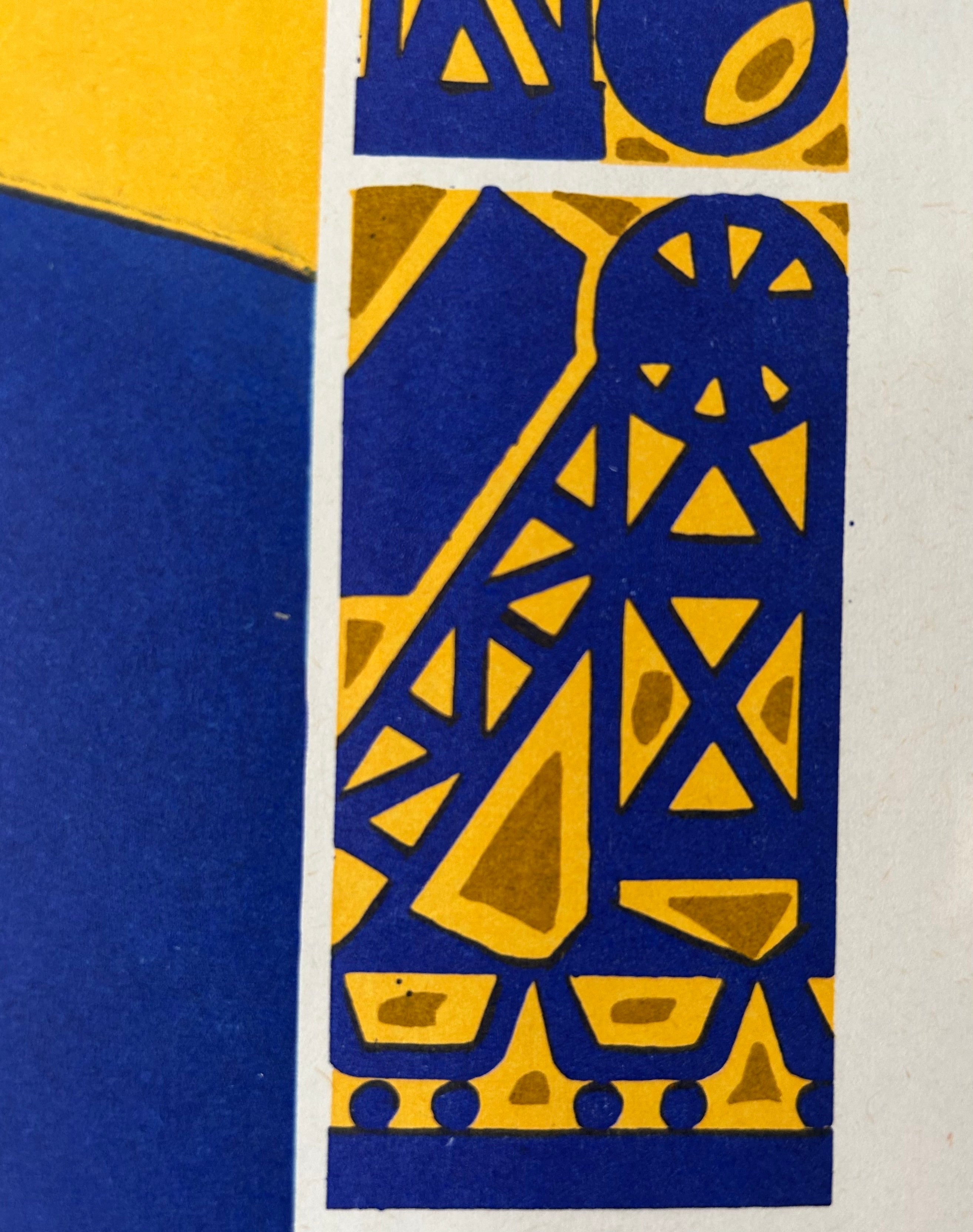 A close-up of a graphic art print featuring a geometric design in deep blue and mustard yellow on a white background.