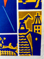 A close-up of a block-print style artwork with bold blue and mustard yellow geometric and architectural shapes, including a crane, buildings, and wavy lines.