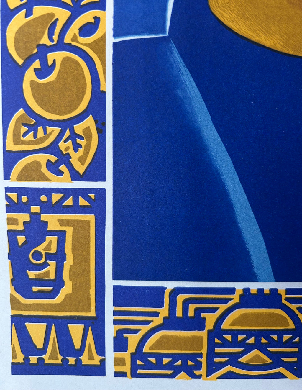 Abstract art print featuring geometric shapes and stylized motifs in deep blue and metallic gold, with a white border framing the design.