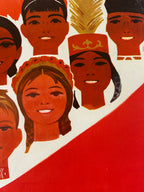 A close-up of a graphic art print featuring stylized faces of children in warm terracotta and brown tones, with a bold red diagonal shape on a white background.