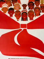 A graphic art poster featuring a large red ribbon bow on a white background, with a collage of diverse illustrated faces emerging from the top of the bow.
