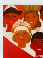 A close-up of a stylized graphic print featuring illustrated faces in warm red, orange, brown, and white tones.