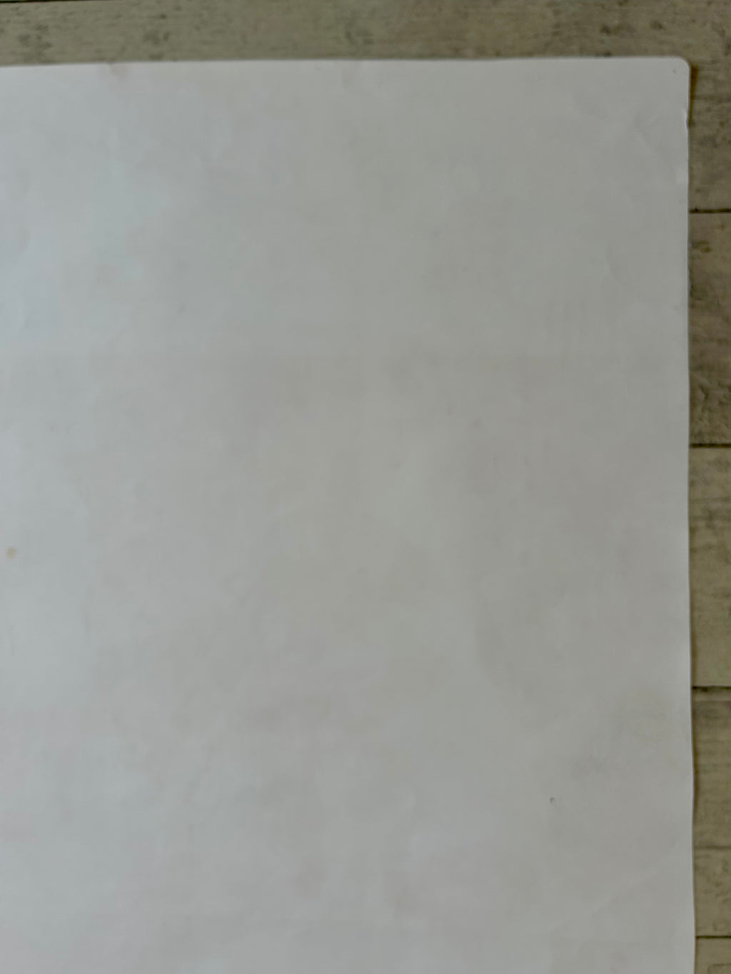 A plain white rectangular sheet or mat laid flat on a light wood surface.