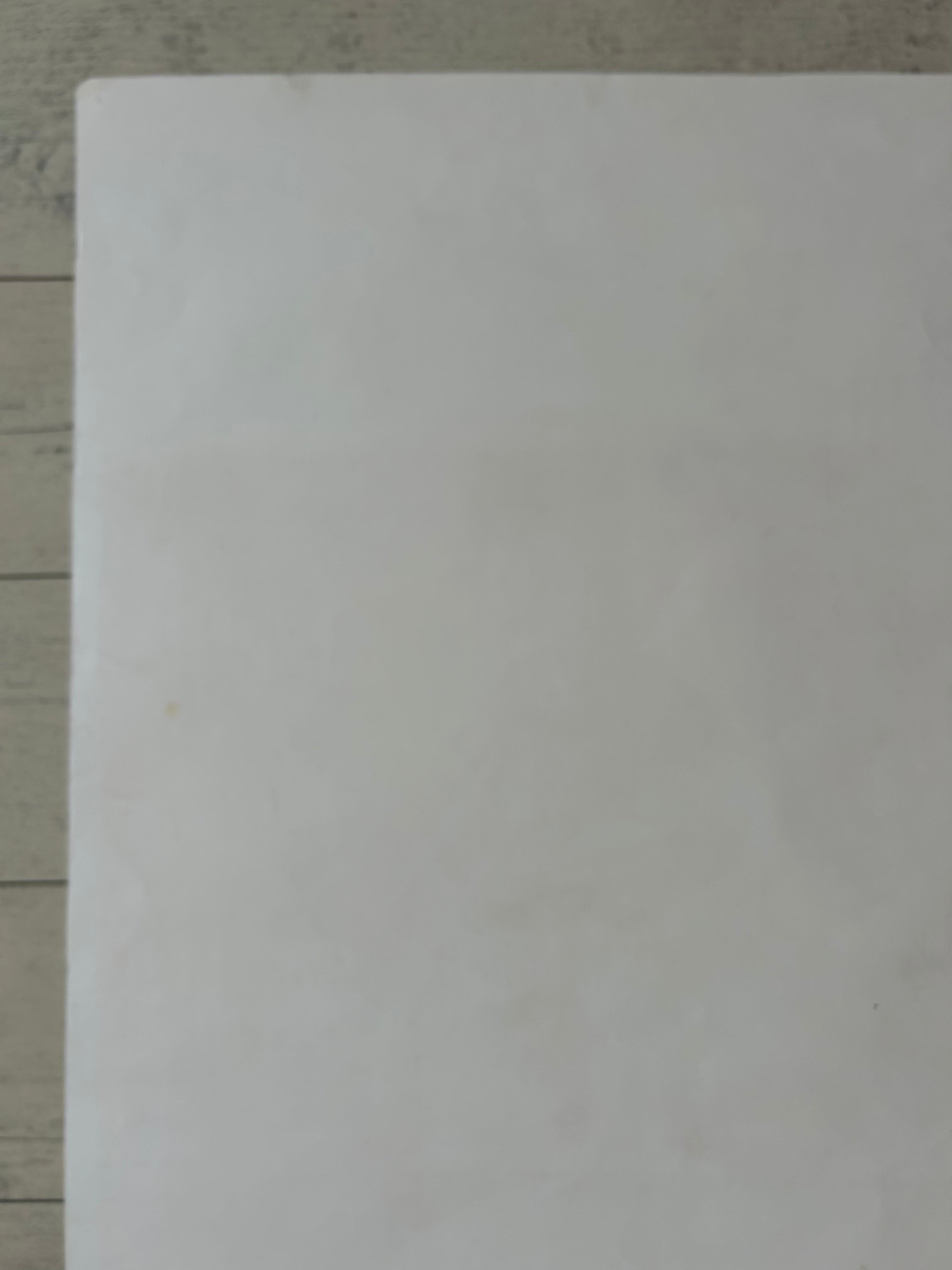 A plain white rectangular sheet or card placed on a light wood surface.