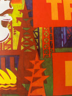 A close-up of a colorful graphic print or poster featuring stylized industrial structures, bold geometric shapes, and large letters in red, orange, yellow, green, and purple.