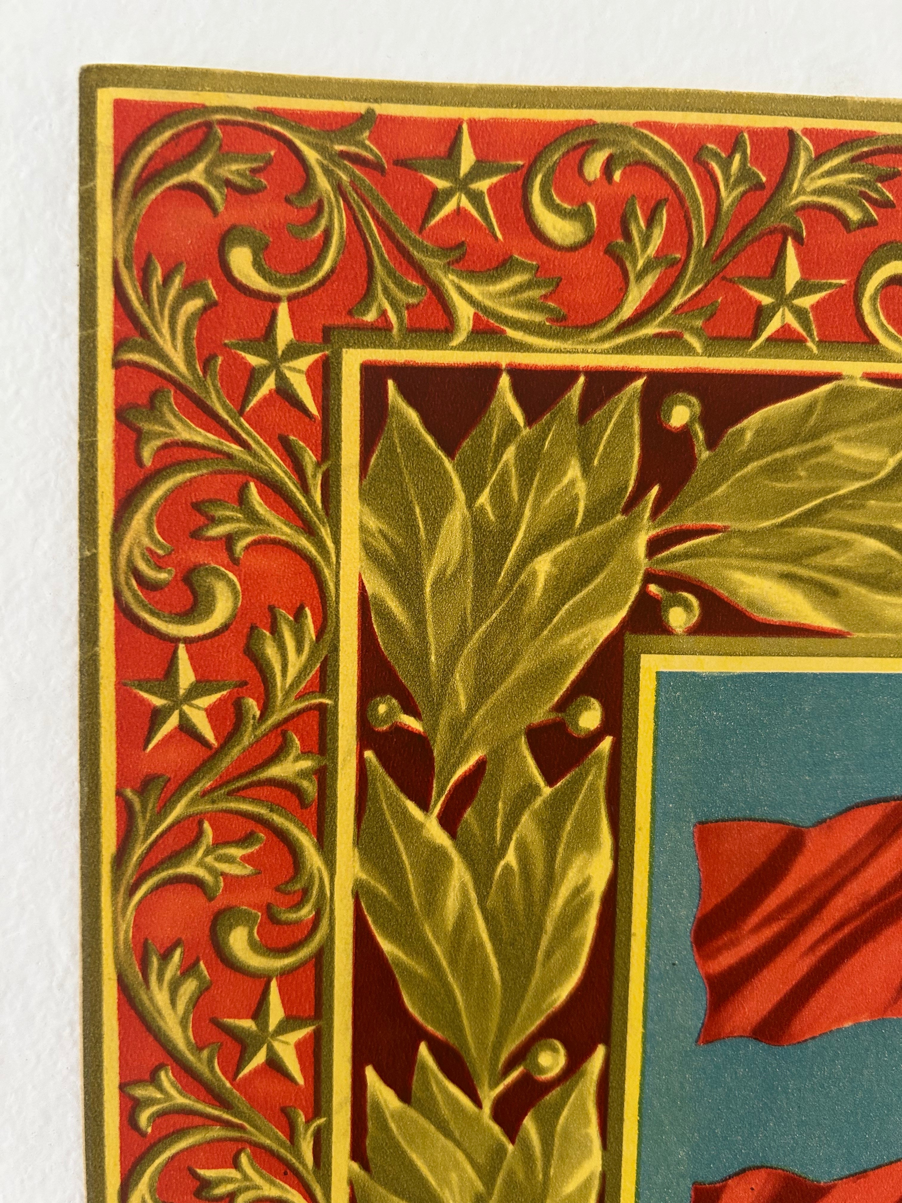 Close-up of a vintage-style decorative border with red background, gold scrollwork and stars, and gold holly leaves over a dark panel.