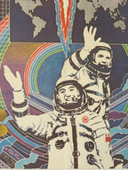 A colorful pop-art style poster or print showing two astronauts in white suits waving, with a world map, rainbow, and abstract space-themed graphics in blue, purple, red, green, and yellow.