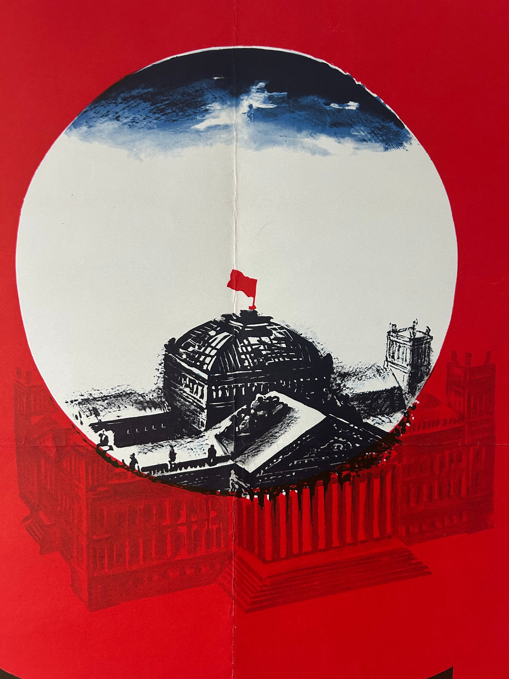 A graphic art print or poster featuring a stylized illustration of the German Bundestag dome with a small red flag, set within a large white oval on a bold red background.