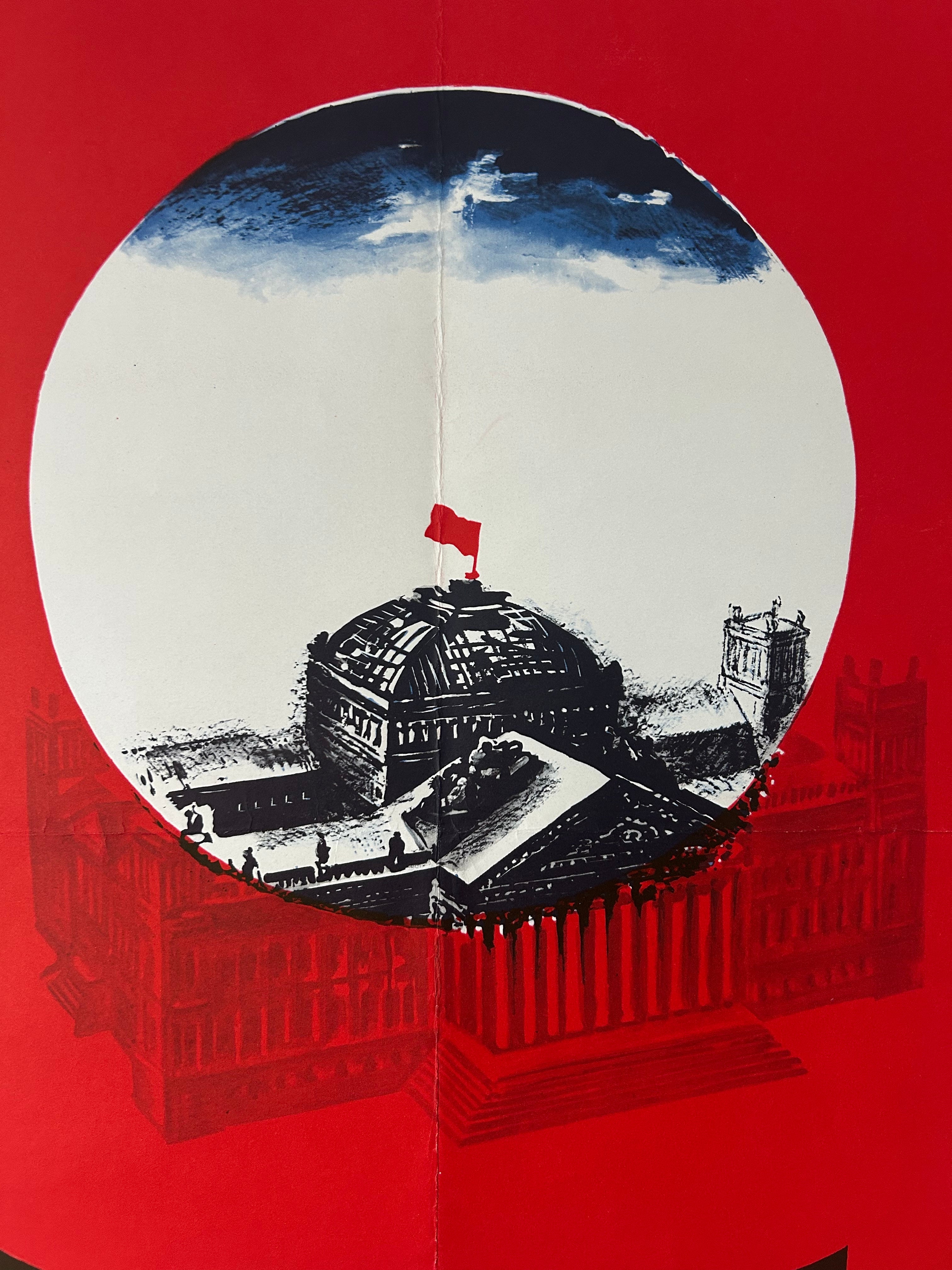 A graphic art print or poster featuring a stylized illustration of the German Bundestag dome with a small red flag, set within a large white oval on a bold red background.