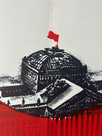 A stylized black-and-white architectural scene with a red flag atop a domed structure, set against a light gray background and a vivid red lower section with vertical texture.