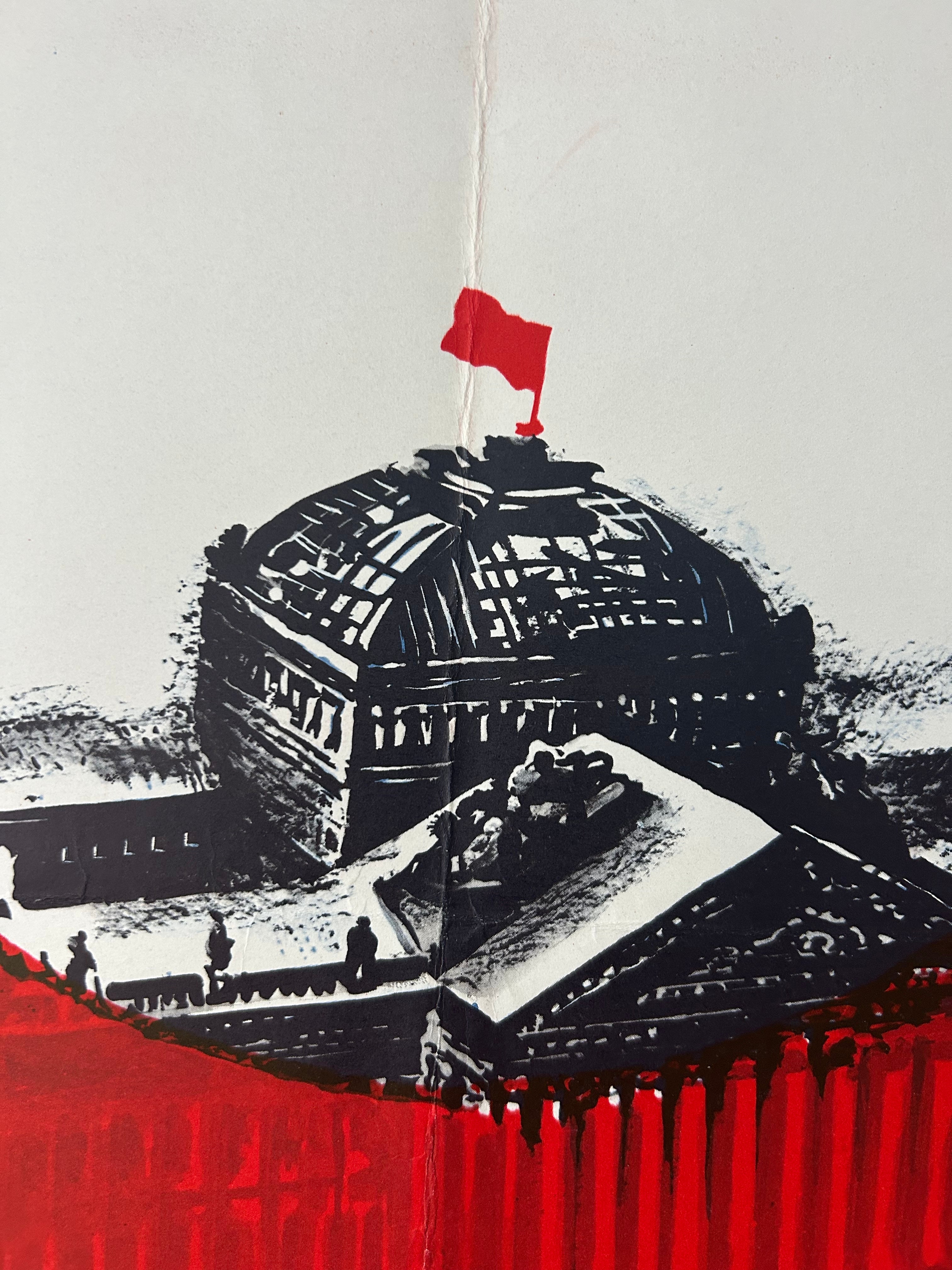 A stylized black-and-white architectural scene with a red flag atop a domed structure, set against a light gray background and a vivid red lower section with vertical texture.