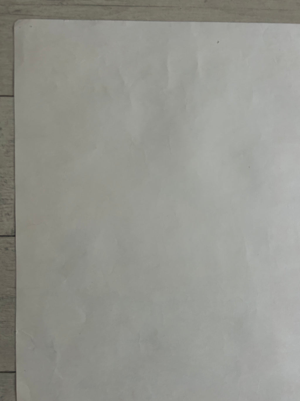 A plain off-white sheet of paper or thin board photographed from above on a light wood surface.