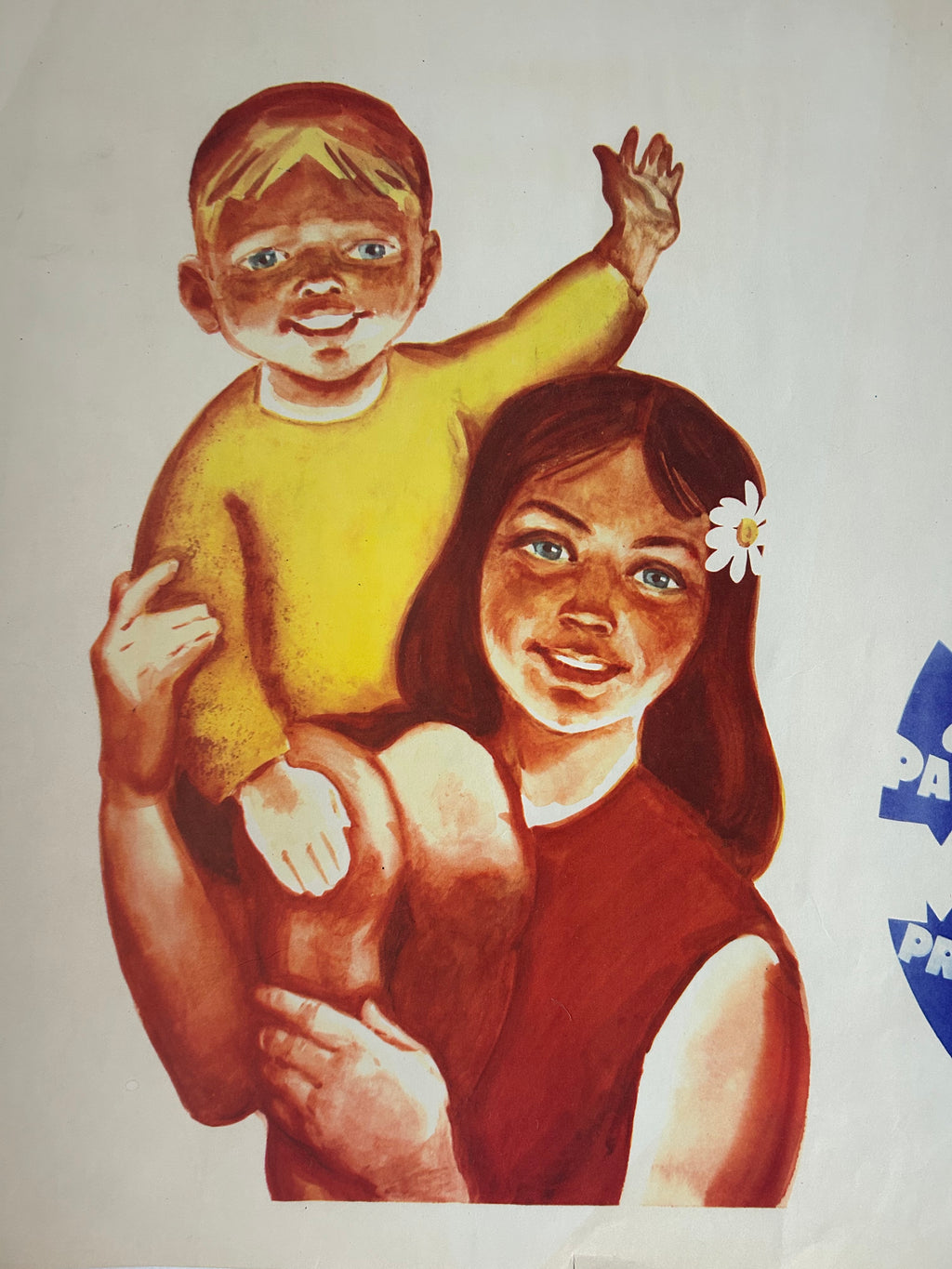 A painted illustration of a woman carrying a child on her shoulders, with the child wearing a yellow top and the woman wearing a red top. The artwork is shown on a light background with partial blue text visible at the right edge.
