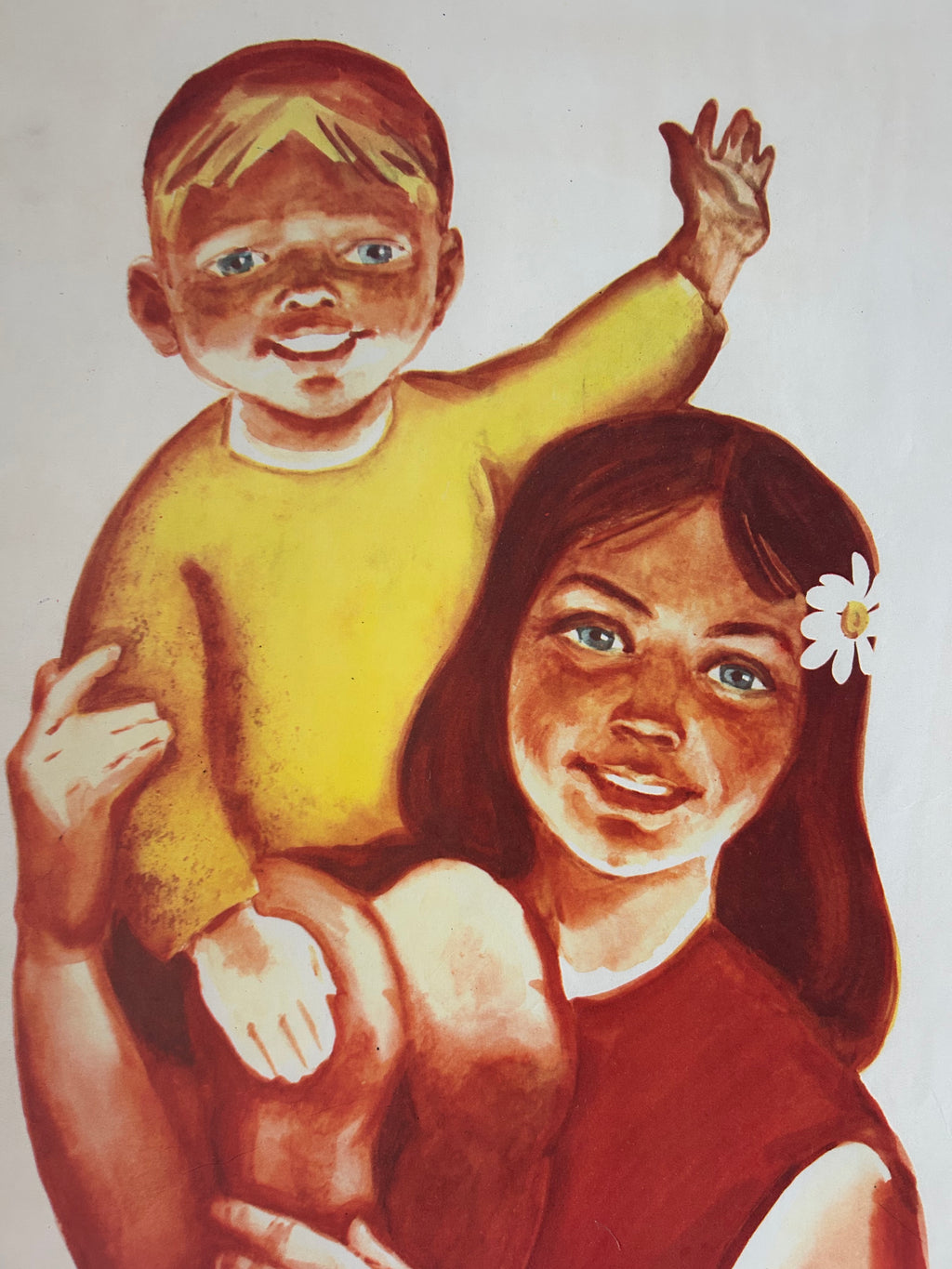 A painted portrait of two children, with a child in a yellow shirt sitting on another child's shoulders, rendered in warm brown, red, and yellow tones on a light background.