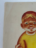 A close-up of a vintage watercolor illustration of a smiling child on aged beige paper, showing the child's face, hair, and yellow shirt.