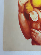 A close-up of a watercolor painting on textured beige paper, depicting a muscular torso with hands and a yellow abstract form against a light background.