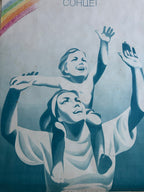 A stylized poster-like artwork showing a woman and child with raised arms against a blue-gray background, with a rainbow in the upper left and Cyrillic text at the top.
