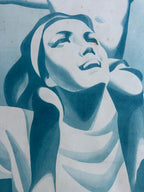 A stylized blue-toned portrait artwork of a woman looking upward, rendered in layered shades of teal, navy, and off-white with a textured, painterly finish.