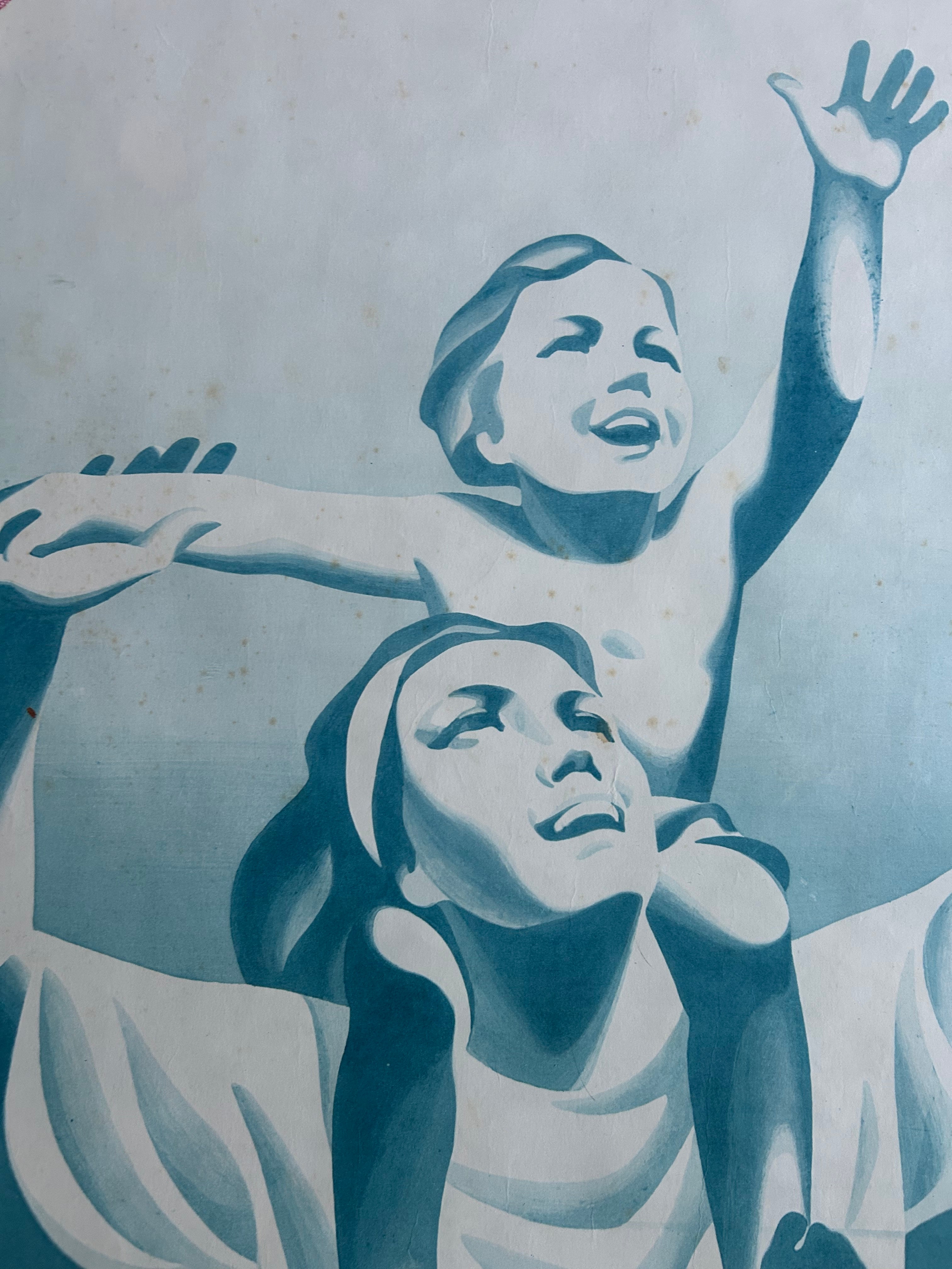 A blue and white painted mural or print depicting a joyful mother and child with raised arms, rendered in a stylized, poster-like composition.