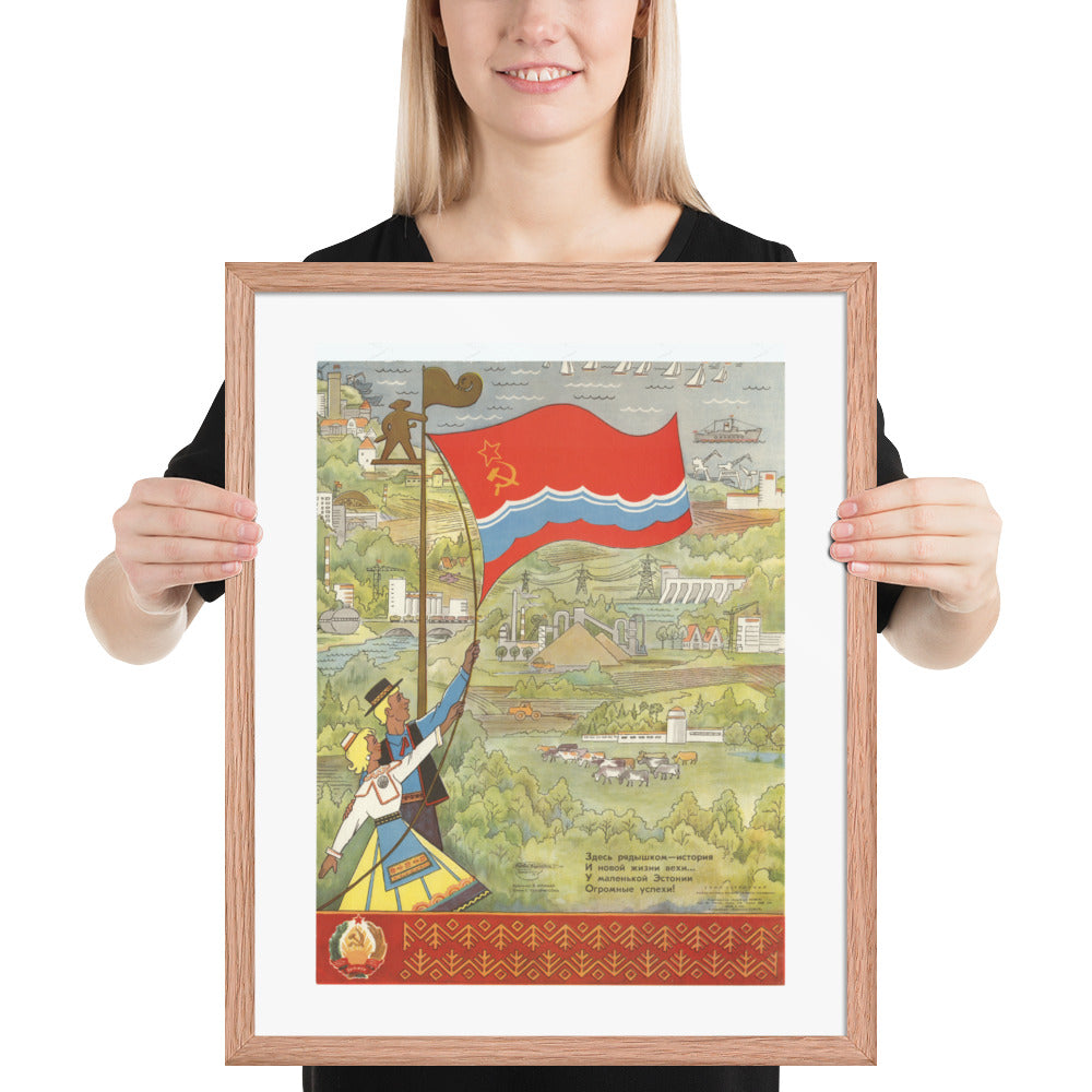 Framed Product mockup - Vintage-style Estonian illustration with a couple holding a flag over a landscape with buildings and nature.