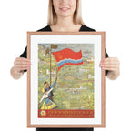 Framed Product mockup - Vintage-style Estonian illustration with a couple holding a flag over a landscape with buildings and nature.