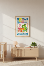 A framed colorful children's poster featuring cartoon characters and the text 'Отурикник' hangs on a light beige wall above a light wood dresser in a styled nursery room.