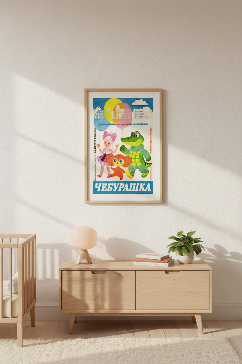A framed colorful children's poster featuring cartoon characters and the text 'Отурикник' hangs on a light beige wall above a light wood dresser in a styled nursery room.