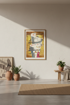 A framed art print featuring a whimsical illustration of a white envelope with the words 'pour life into it' hanging on a beige wall in a styled room with plants and a rug.