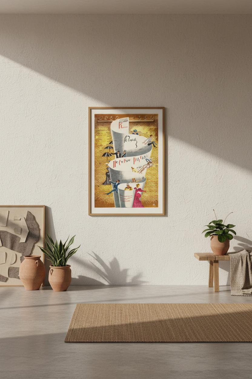 A framed art print featuring a whimsical illustration of a white envelope with the words 'pour life into it' hanging on a beige wall in a styled room with plants and a rug.