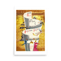 A vertical art print featuring a stylized illustration of stacked white cups on a textured gold background, with small figures and Russian text. The print is shown centered on a light gray background with a soft drop shadow.