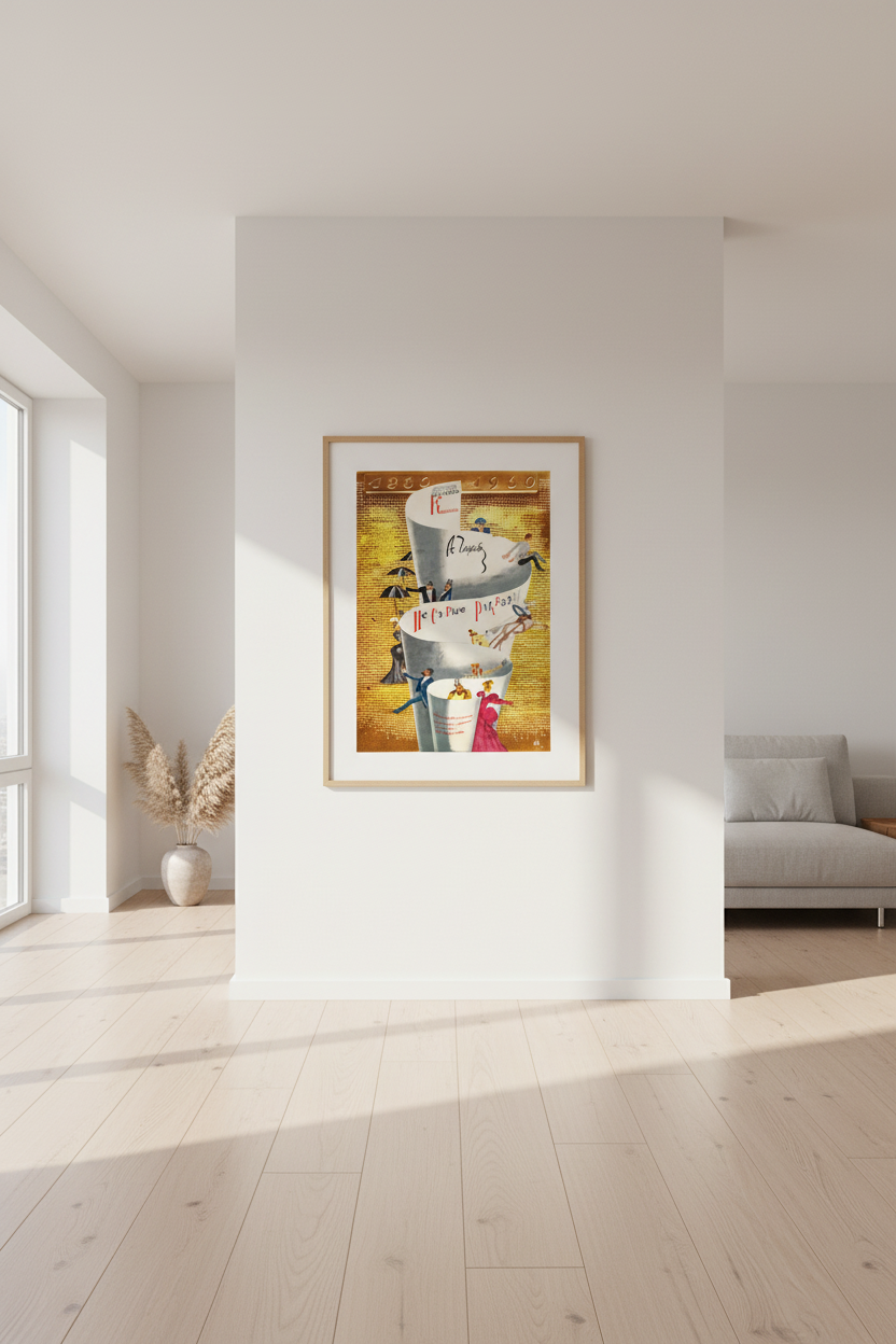 A framed art print featuring a whimsical stack of books and scrolls with French text, displayed on a white wall in a bright, modern living room with light wood floors.