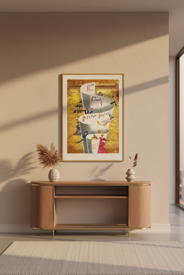 A framed art print featuring a vintage-style illustration of a coffee cup and coffee beans on a golden background, displayed on a beige wall above a wooden console table in a modern interior setting.