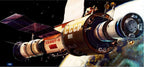 A space capsule or satellite module with Russian text markings, shown in outer space with Earth in the background. The capsule has gold, white, and dark purple sections with solar panels and small figures visible near the top.